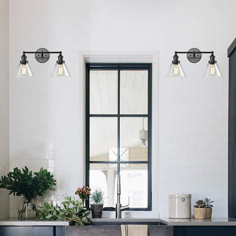 Lisslune | Conical Shade Industrial Design Wall-Mounted Lamp 2 Lights Makeup Mirror Light in Clear Glass Cage
