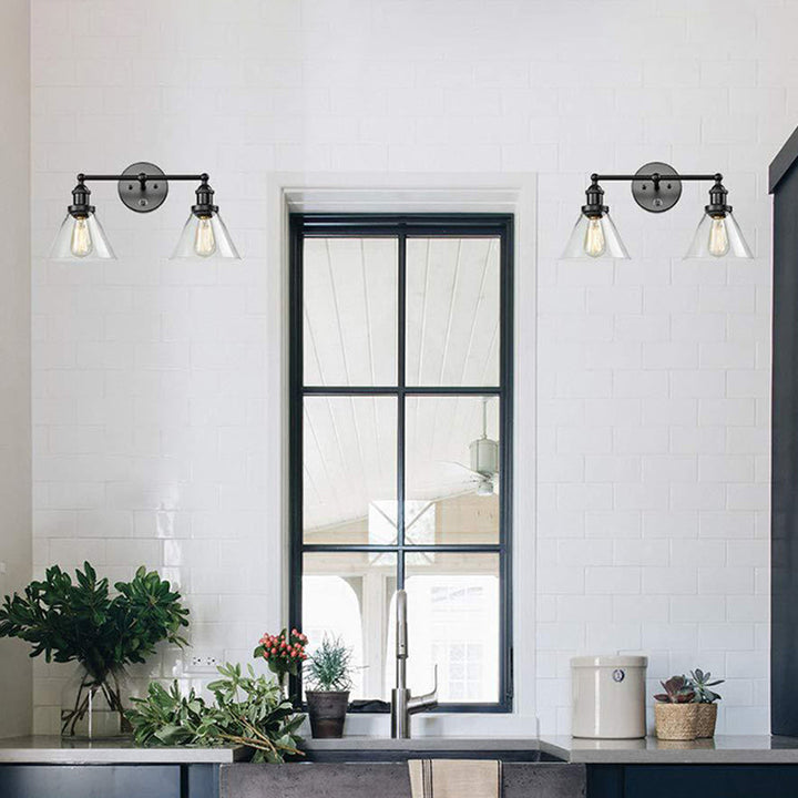 Lisslune | Conical Shade Industrial Design Wall-Mounted Lamp 2 Lights Makeup Mirror Light in Clear Glass Cage