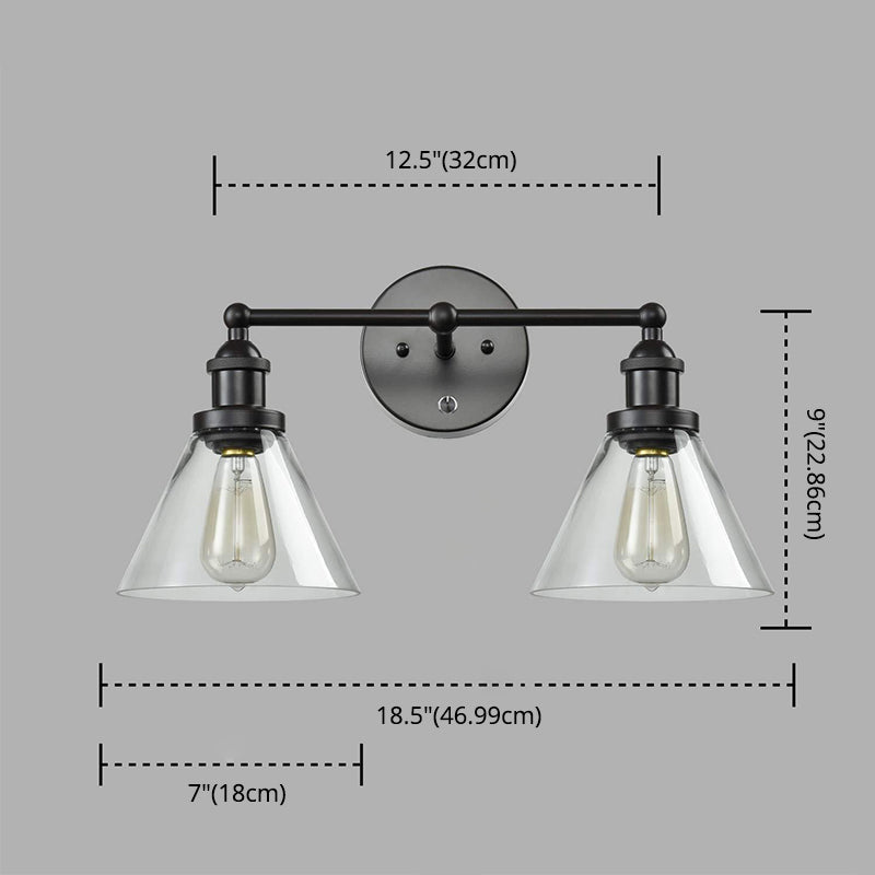Lisslune | Conical Shade Industrial Design Wall-Mounted Lamp 2 Lights Makeup Mirror Light in Clear Glass Cage