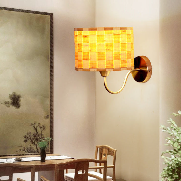 Lisslune | Drum Wall Lighting Traditional Bamboo 1 Lamp Wooden Sconce Lighting Fixture for Dining Room