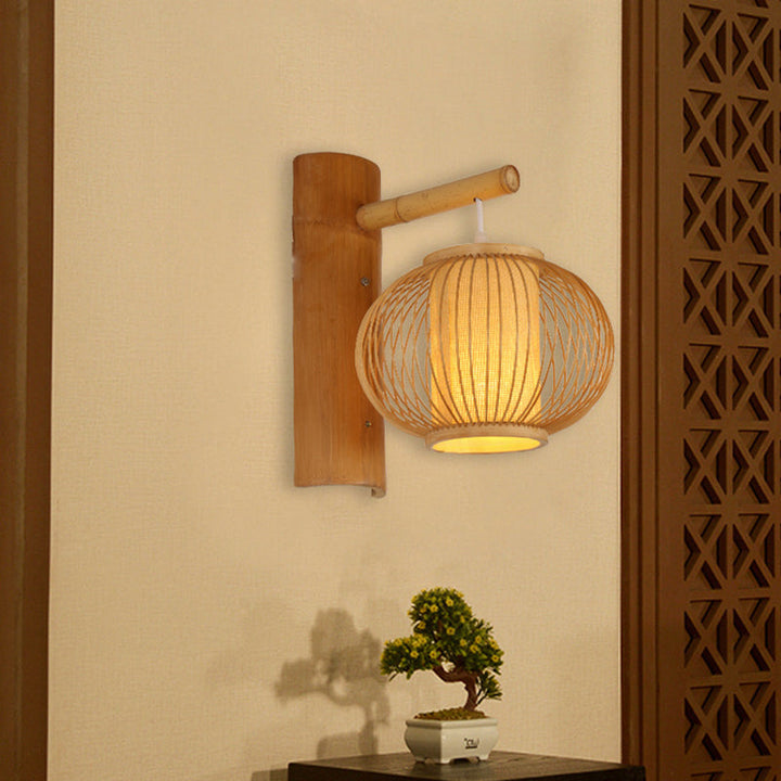 Lisslune | Wood Pumpkin Wall Lamp contemporary bamboo 1-bulb wall light with inner cylinder parchment shade