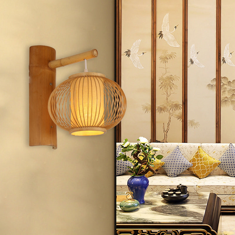 Lisslune | Wood Pumpkin Wall Lamp contemporary bamboo 1-bulb wall light with inner cylinder parchment shade