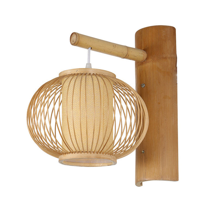 Lisslune | Wood Pumpkin Wall Lamp contemporary bamboo 1-bulb wall light with inner cylinder parchment shade