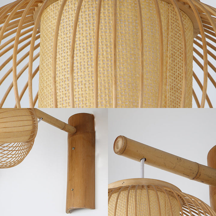 Lisslune | Wood Pumpkin Wall Lamp contemporary bamboo 1-bulb wall light with inner cylinder parchment shade