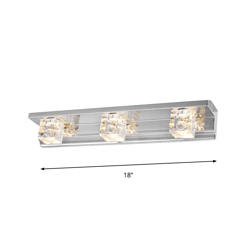 Lisslune | Clear Crystal Cube Wall Sconce Modern Style 3 Heads Silver Finish Vanity Light Fixture in Warm/White Light, 12.5"/18" B