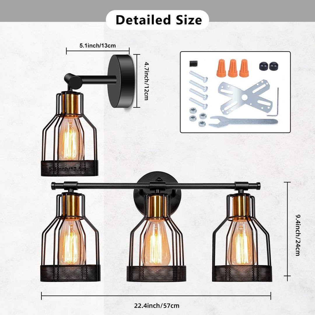 Lisslune | Cage Shade Wall Lamp Retro Industrial Style Metal 3 Light Vanity Lamp