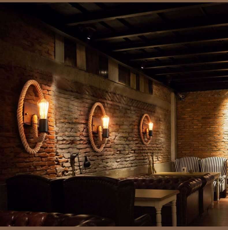 Lisslune | Wagon Wheel Indoor Wall Lighting Log Cabin Style Wall Mounted Light with Rope Shade