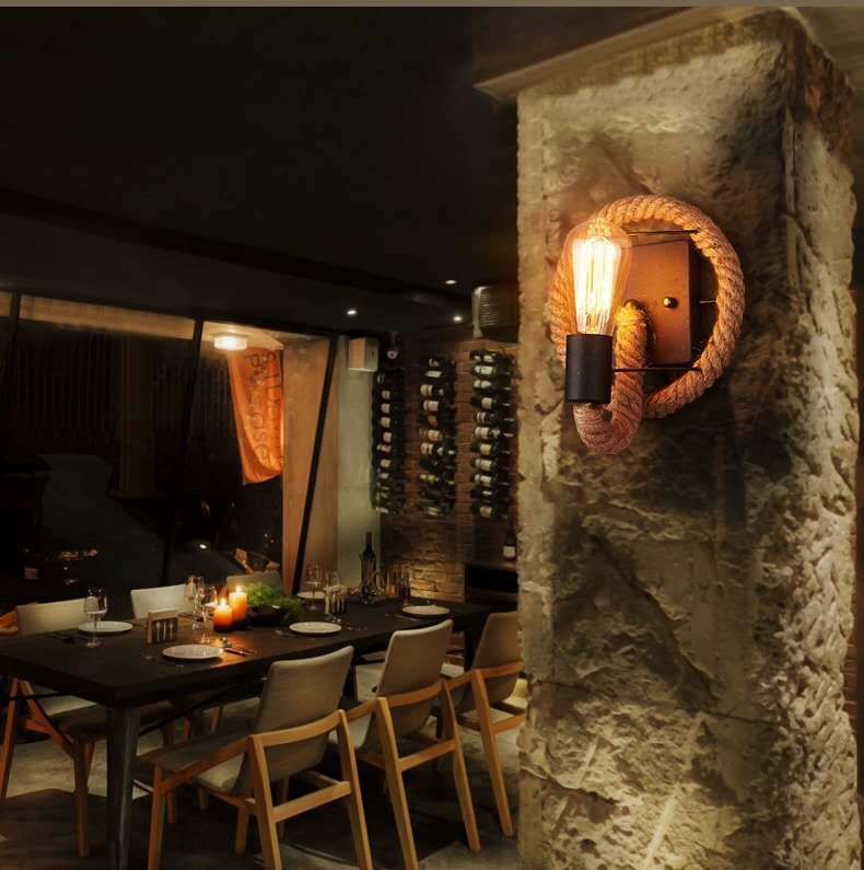 Lisslune | Wagon Wheel Indoor Wall Lighting Log Cabin Style Wall Mounted Light with Rope Shade