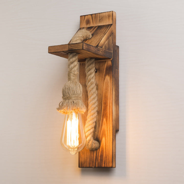 Lisslune | American rustic wall lamp wood with natural rope lighting for restaurant café