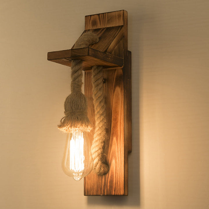 Lisslune | American rustic wall lamp wood with natural rope lighting for restaurant café