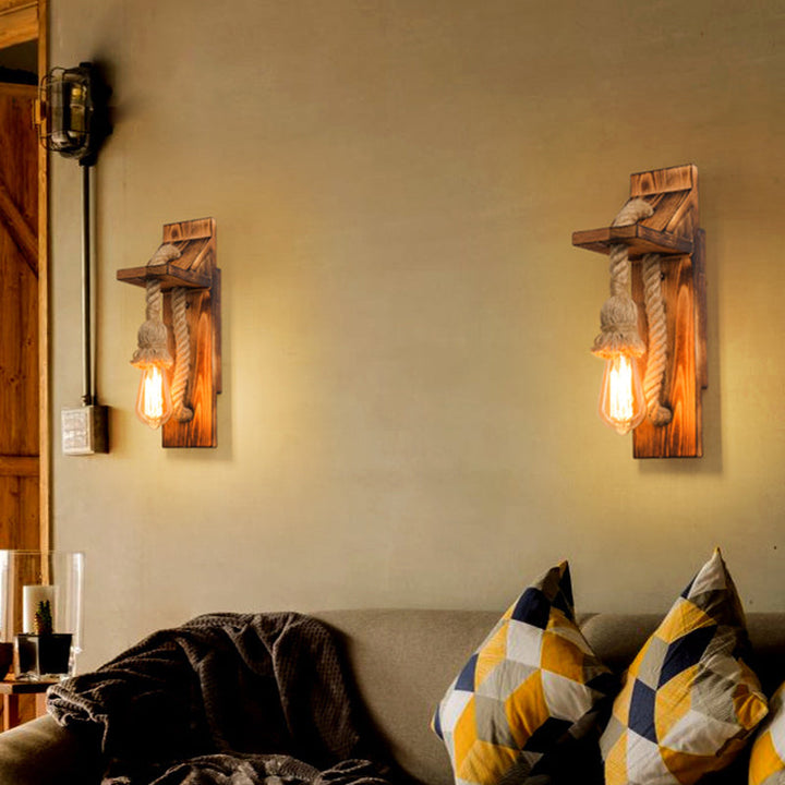 Lisslune | American rustic wall lamp wood with natural rope lighting for restaurant café