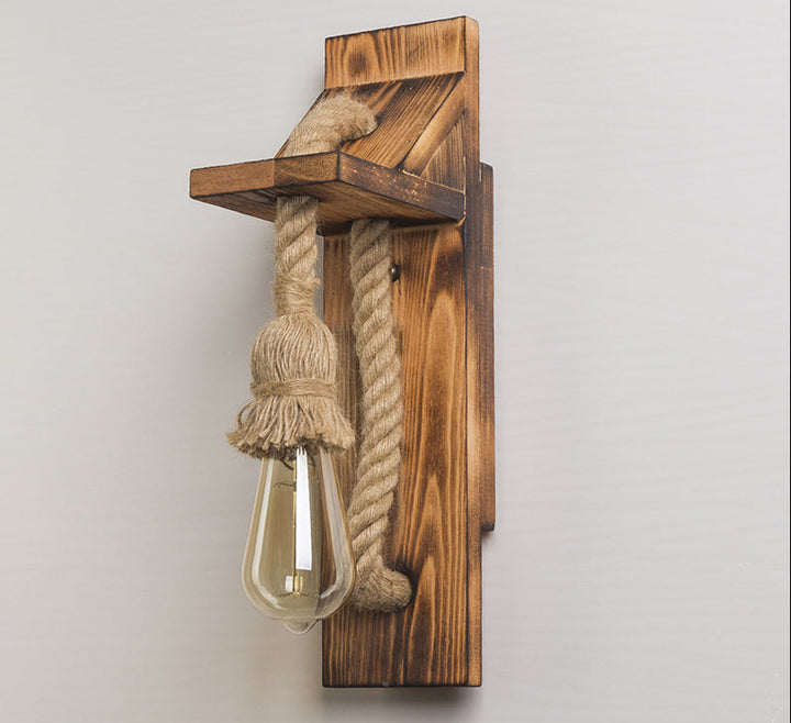 Lisslune | American rustic wall lamp wood with natural rope lighting for restaurant café