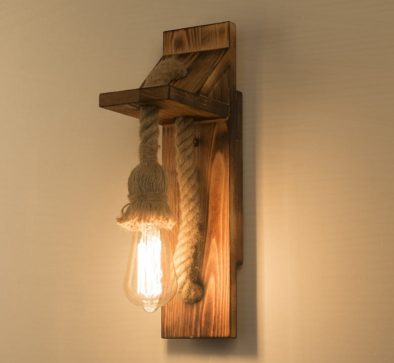 Lisslune | American rustic wall lamp wood with natural rope lighting for restaurant café