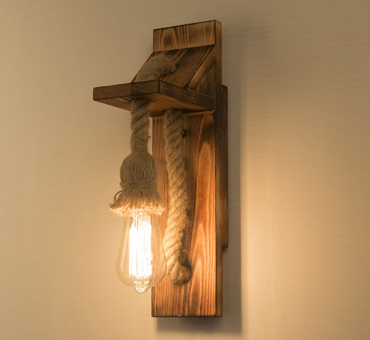 Lisslune | American rustic wall lamp wood with natural rope lighting for restaurant café