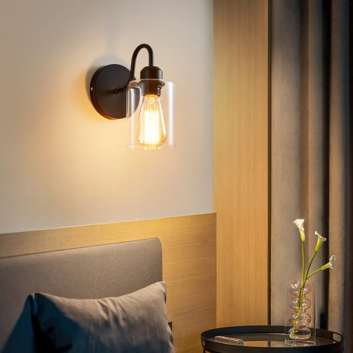 Lisslune | Wall lamp with metal-reinforced single light wall and cylindrical glass shade for the bedroom