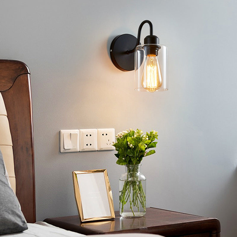 Lisslune | Wall lamp with metal-reinforced single light wall and cylindrical glass shade for the bedroom