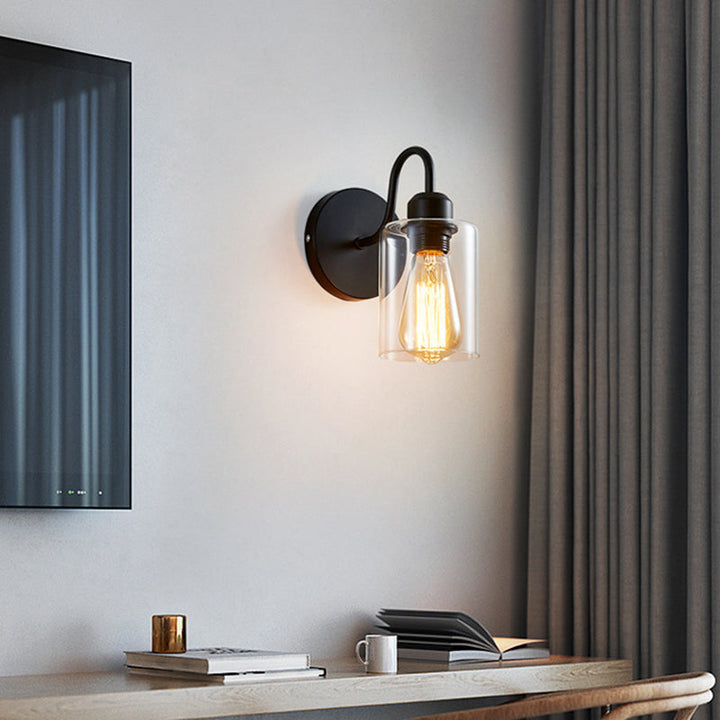 Lisslune | Wall lamp with metal-reinforced single light wall and cylindrical glass shade for the bedroom