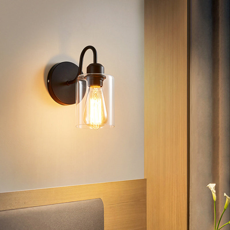 Lisslune | Wall lamp with metal-reinforced single light wall and cylindrical glass shade for the bedroom