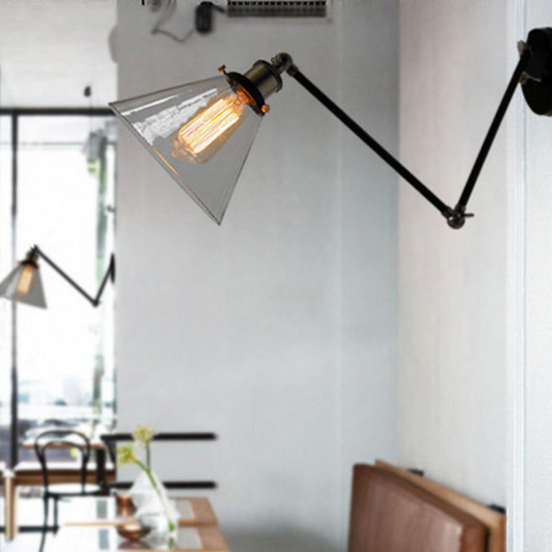 Lisslune | Swing Arm Wall Lamp Industrial Style Indoor Wall Lamp with Conical Glass Shade