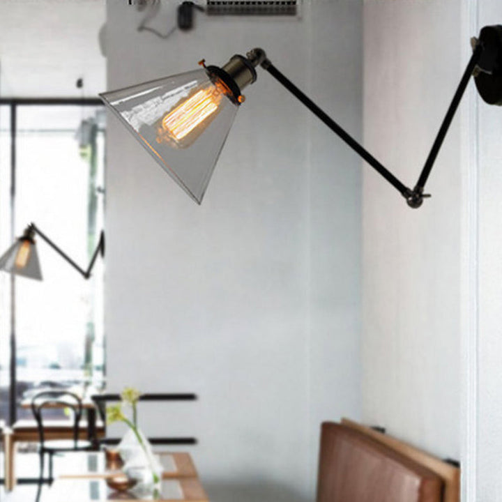 Lisslune | Swing Arm Wall Lamp Industrial Style Indoor Wall Lamp with Conical Glass Shade