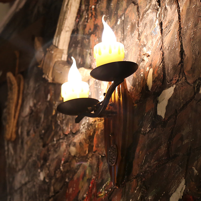 Skørter | 2 Lights Candle Wall Lamp Vintage Yellow Resin Sconces Light Fixture with Wooden Back Plate