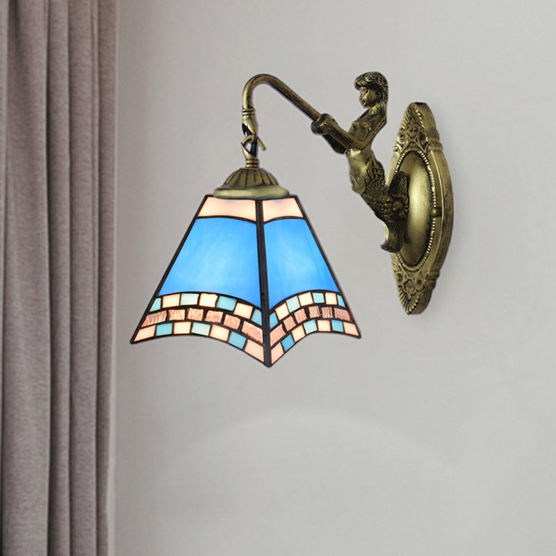 Lisslune | Mediterranean Pyramid Wall Light Fixture 1 Head Blue Glass Wall Lamp with Mermaid Backplate