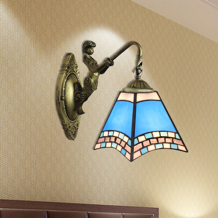 Lisslune | Mediterranean Pyramid Wall Light Fixture 1 Head Blue Glass Wall Lamp with Mermaid Backplate