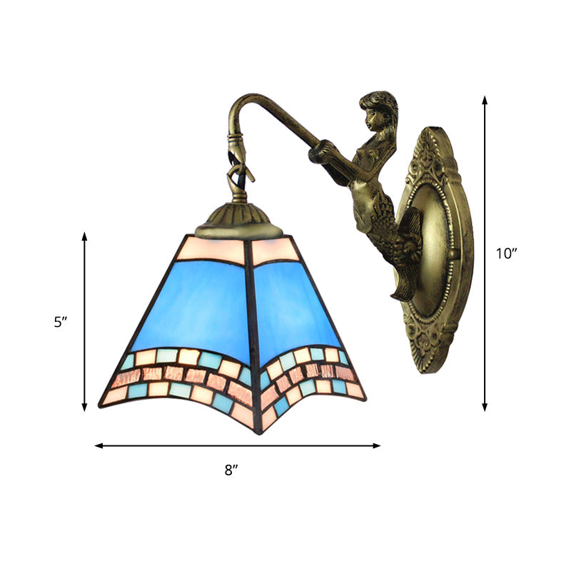 Lisslune | Mediterranean Pyramid Wall Light Fixture 1 Head Blue Glass Wall Lamp with Mermaid Backplate