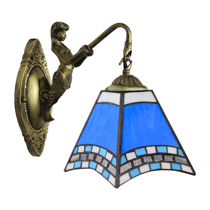 Lisslune | Mediterranean Pyramid Wall Light Fixture 1 Head Blue Glass Wall Lamp with Mermaid Backplate