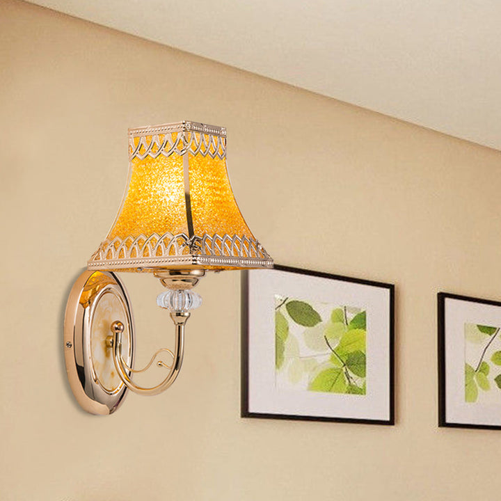Skørter | Single Bulb Bell Wall Mount Colonial Gold Etched Glass Wall Light with Arch Arm for Indoor Use