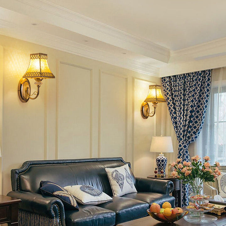 Skørter | Single Bulb Bell Wall Mount Colonial Gold Etched Glass Wall Light with Arch Arm for Indoor Use