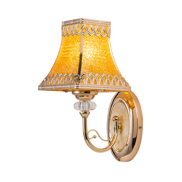 Skørter | Single Bulb Bell Wall Mount Colonial Gold Etched Glass Wall Light with Arch Arm for Indoor Use
