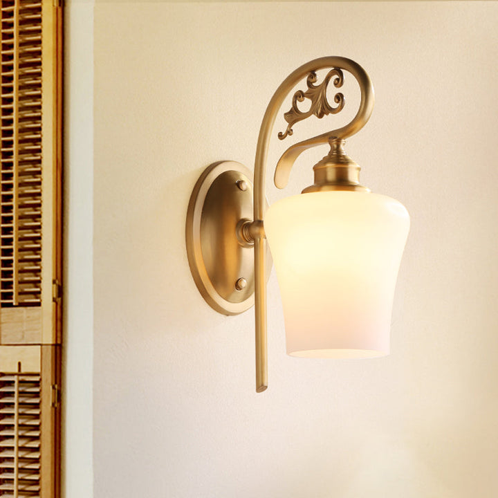 Skørter | Brass 1 Head Wall Light Colonial White Glass Conical Wall Lamp for Living Room