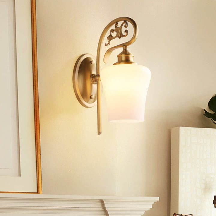 Skørter | Brass 1 Head Wall Light Colonial White Glass Conical Wall Lamp for Living Room