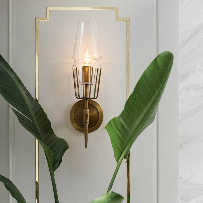 Skørter | Clear Glass Brass Wall Scone Cone 1/2-Light Colonialism Wall Light for Living Room