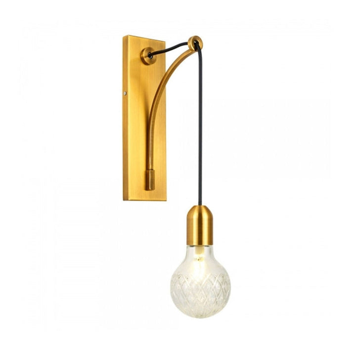 Skørter | Single Exposed Bulb Wall Mounted Lamp Simple Clear Checkered Glass Wall Light with Gold Metal Backplate