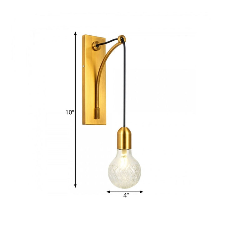 Skørter | Single Exposed Bulb Wall Mounted Lamp Simple Clear Checkered Glass Wall Light with Gold Metal Backplate