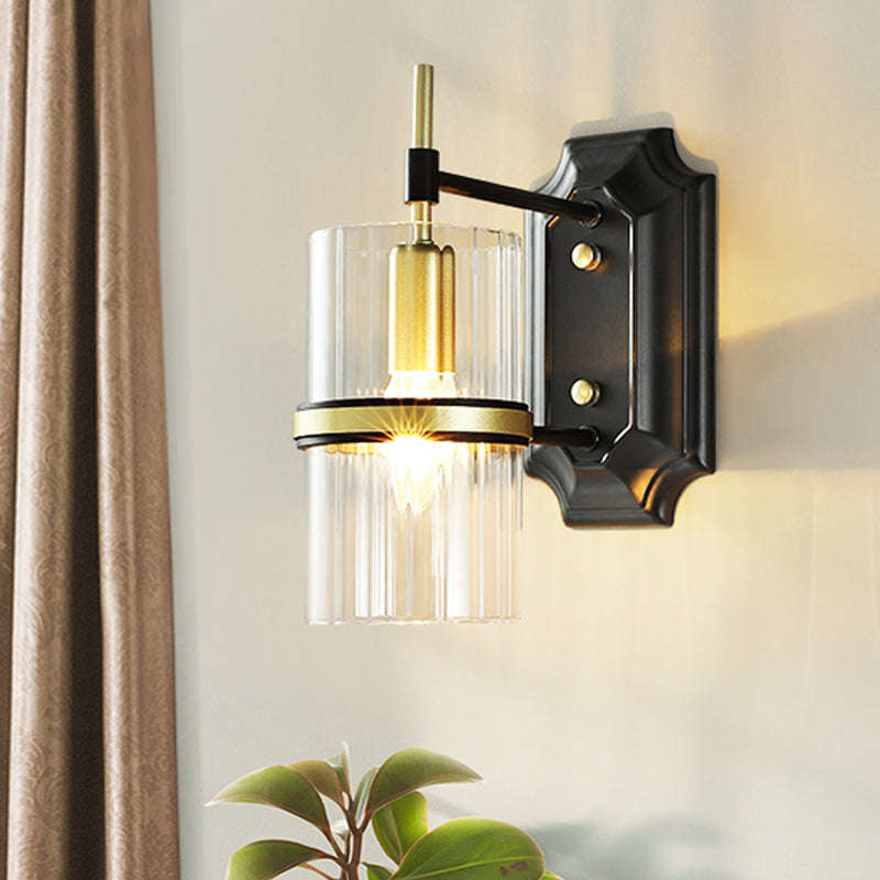 Skørter | Black 1 Bulb Band Wall Lamp Contemporary Iron Cylinder Wall Light with Clear Glass Shade