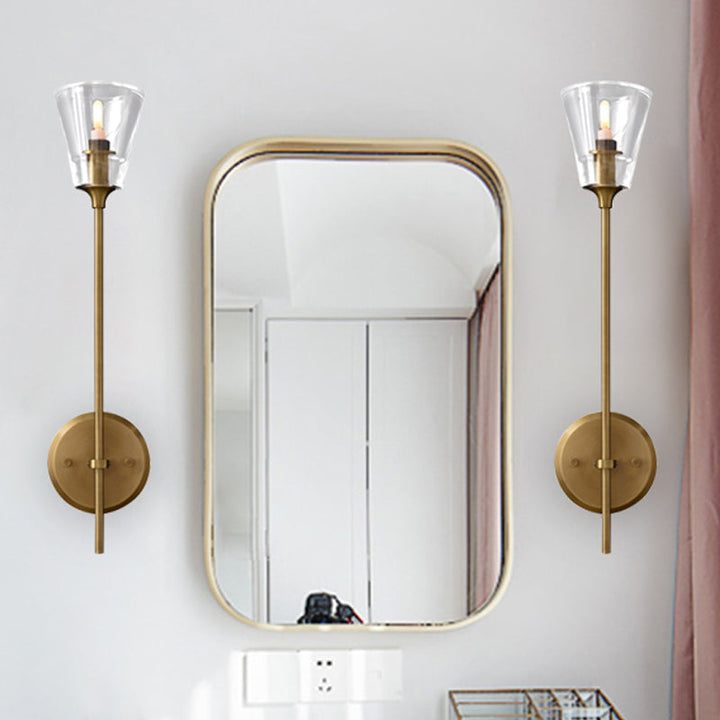 Skørter | Black/Brass-Finish Pencil Arm Wall Lamp Vintage Metallic 1/2 Bulb Wall Light with Clear Conical Glass Shade