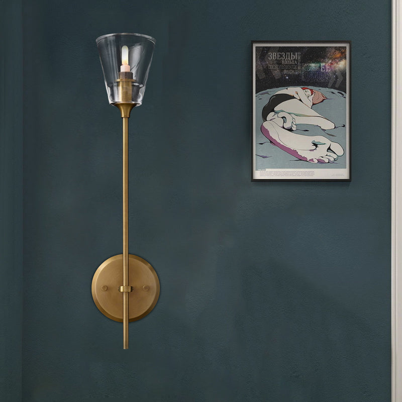 Skørter | Black/Brass-Finish Pencil Arm Wall Lamp Vintage Metallic 1/2 Bulb Wall Light with Clear Conical Glass Shade