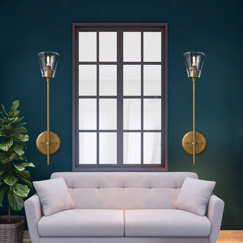 Skørter | Black/Brass-Finish Pencil Arm Wall Lamp Vintage Metallic 1/2 Bulb Wall Light with Clear Conical Glass Shade