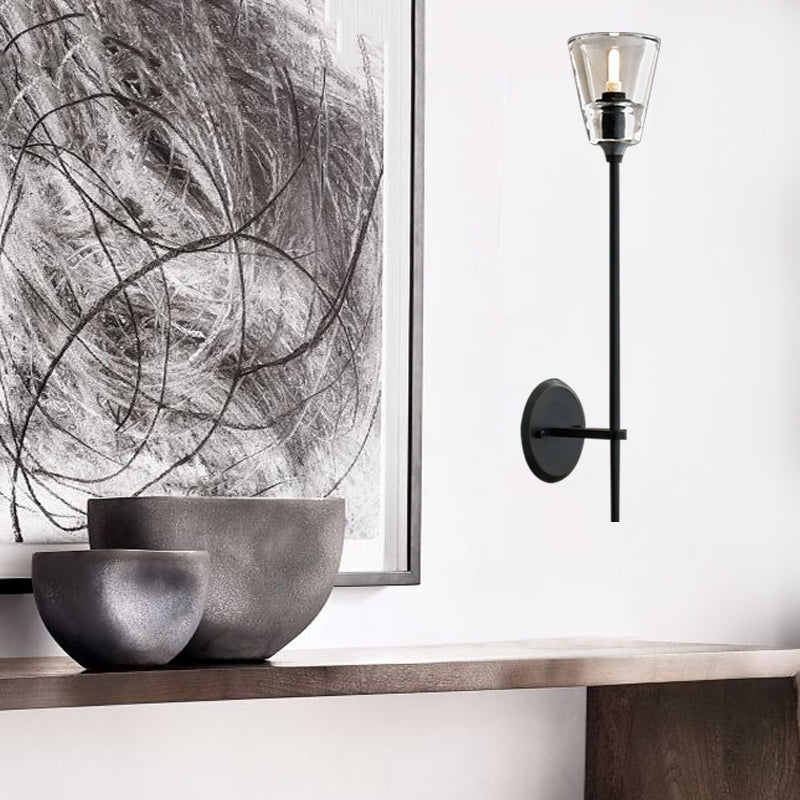Skørter | Black/Brass-Finish Pencil Arm Wall Lamp Vintage Metallic 1/2 Bulb Wall Light with Clear Conical Glass Shade