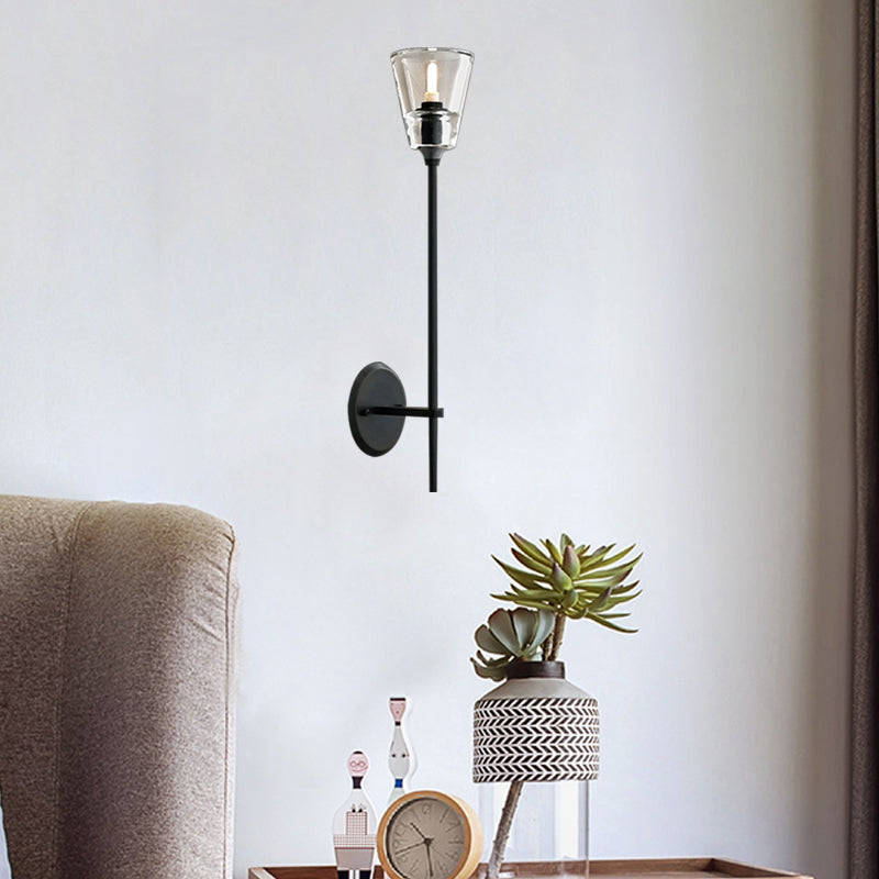 Skørter | Black/Brass-Finish Pencil Arm Wall Lamp Vintage Metallic 1/2 Bulb Wall Light with Clear Conical Glass Shade