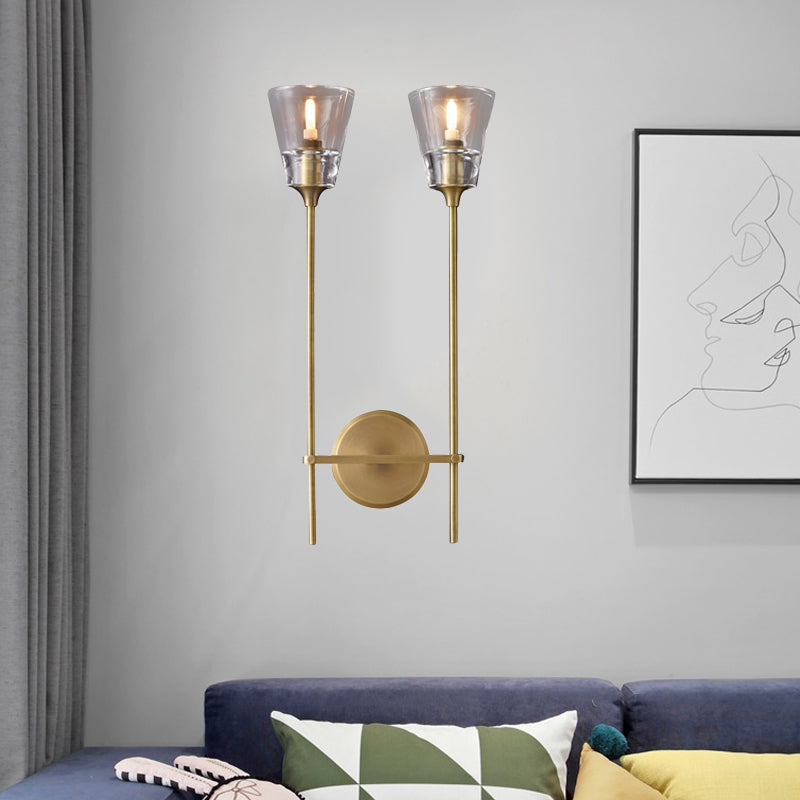 Skørter | Black/Brass-Finish Pencil Arm Wall Lamp Vintage Metallic 1/2 Bulb Wall Light with Clear Conical Glass Shade