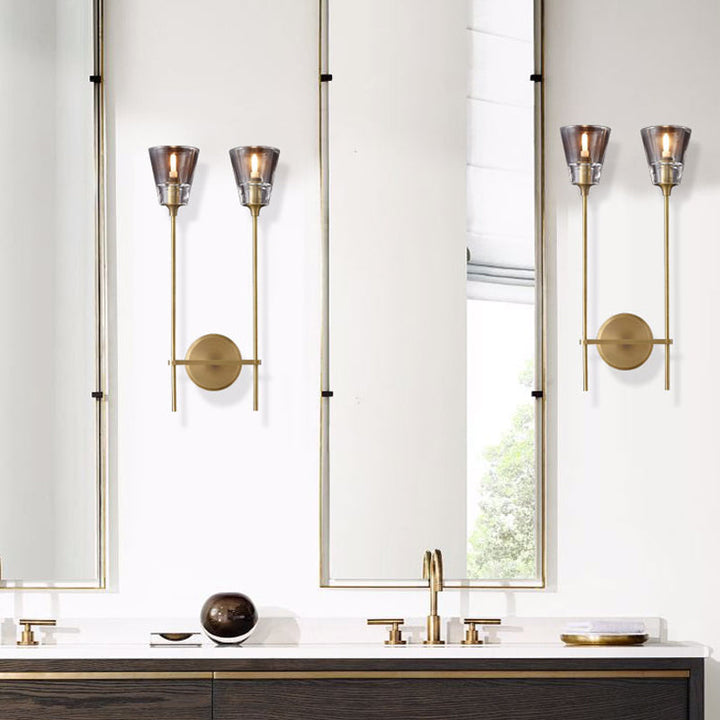 Skørter | Black/Brass-Finish Pencil Arm Wall Lamp Vintage Metallic 1/2 Bulb Wall Light with Clear Conical Glass Shade