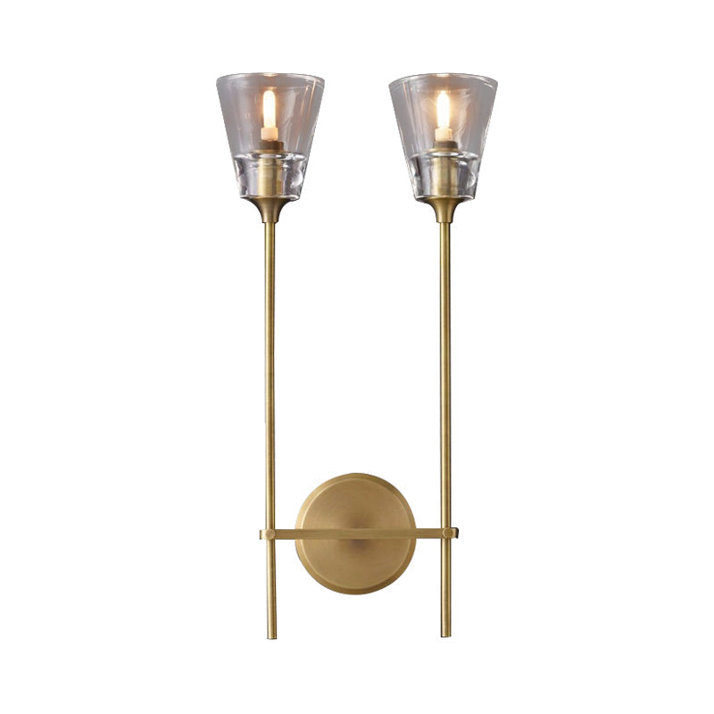 Skørter | Black/Brass-Finish Pencil Arm Wall Lamp Vintage Metallic 1/2 Bulb Wall Light with Clear Conical Glass Shade