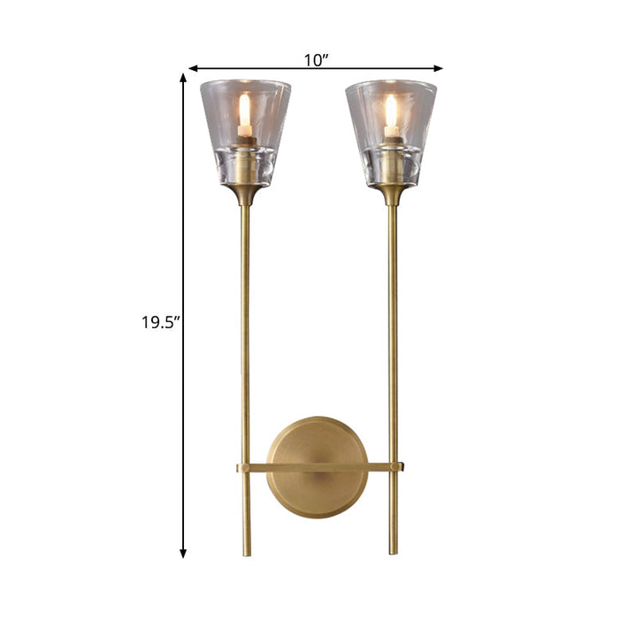 Skørter | Black/Brass-Finish Pencil Arm Wall Lamp Vintage Metallic 1/2 Bulb Wall Light with Clear Conical Glass Shade