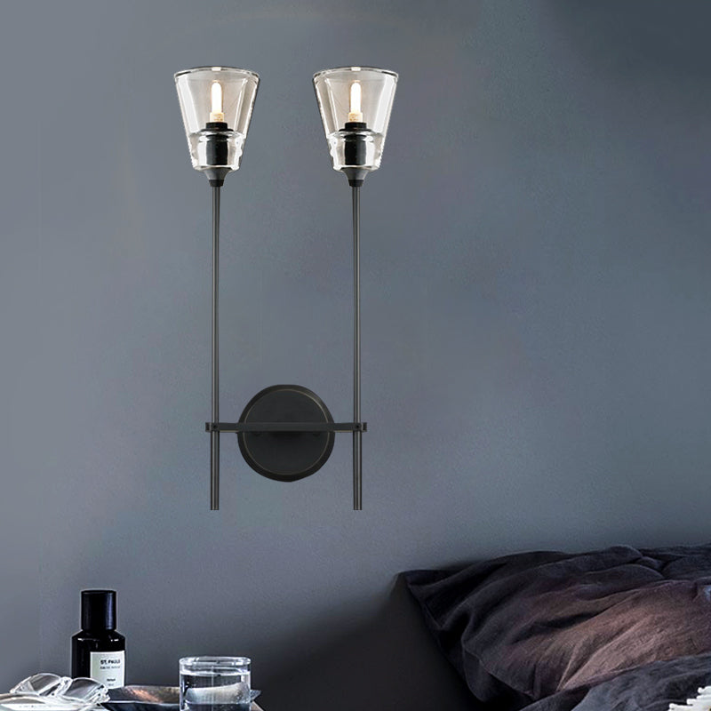 Skørter | Black/Brass-Finish Pencil Arm Wall Lamp Vintage Metallic 1/2 Bulb Wall Light with Clear Conical Glass Shade