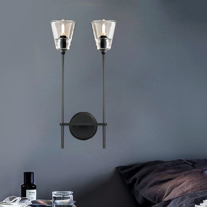 Skørter | Black/Brass-Finish Pencil Arm Wall Lamp Vintage Metallic 1/2 Bulb Wall Light with Clear Conical Glass Shade