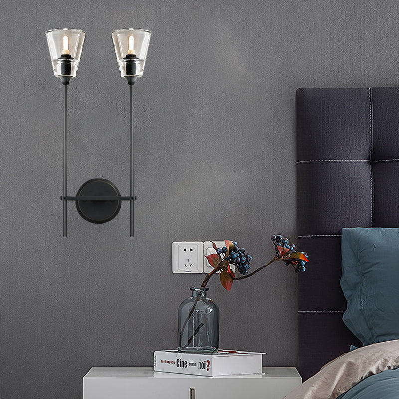 Skørter | Black/Brass-Finish Pencil Arm Wall Lamp Vintage Metallic 1/2 Bulb Wall Light with Clear Conical Glass Shade